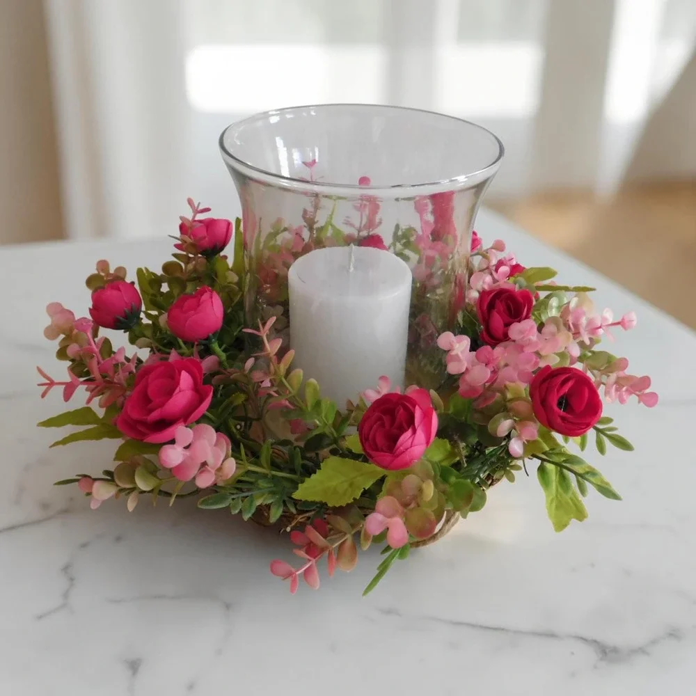 Pink ranunculus Mini Wreath, Candle Ring, Cottagecore, Farmhouse‎ Spring Summer
